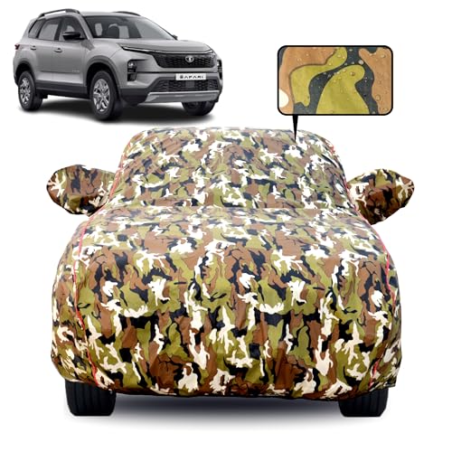 Image of Waterproof Car Body Cover for Tata Safari (2021-2024) with Mirror Pocket, Soft Cotton Lining, Triple Stitched, Full Bottom Elastic (Heat Resistant Jungle Print with Red Piping)