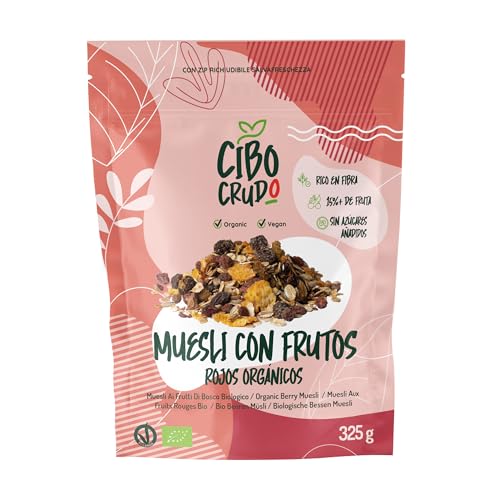 Muesli de Frutos Rojos sin Azucar - 325g. Muesli con Copos de Avena y Centeno con Frutos Secos y Liofilizados como Cereza Negra Grosella Fresa y Frambuesa.