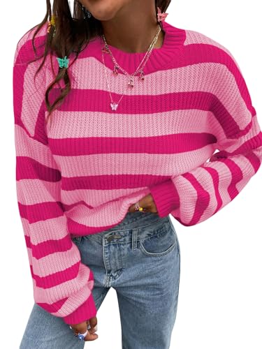 Image of SOLY HUX Women's Color Block Striped Knit Tops Casual Long Sleeve Drop Shoulder Sweater Pullovers