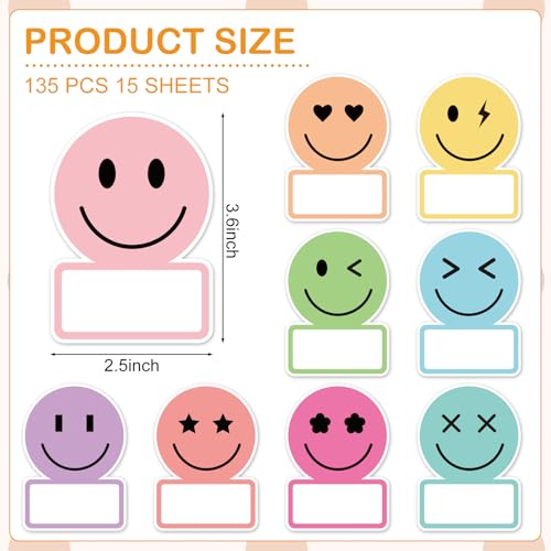Image of Whaline 135Pcs Pastel Smile Face Name Tag Stickers 9 Designs Nameplate Decals Cute Desk Name Label for Back to School Classroom Bulletin Board Office Wall Decor