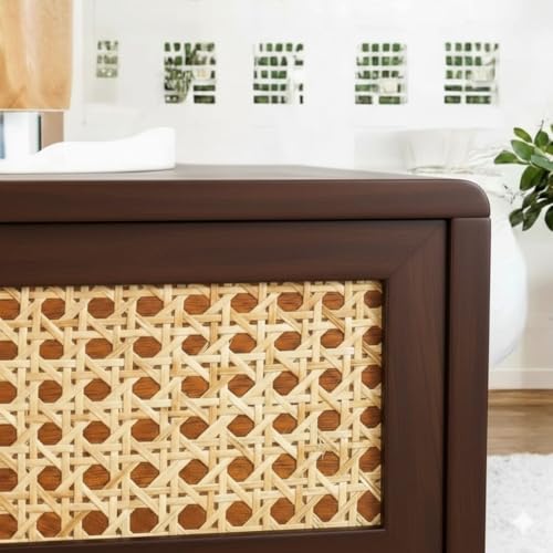 Image of MISAN Boston Solid Wood Bedside Table with Rattan Drawers Mid Century Night Stand for Living Room, Bedroom (S - Walnut)