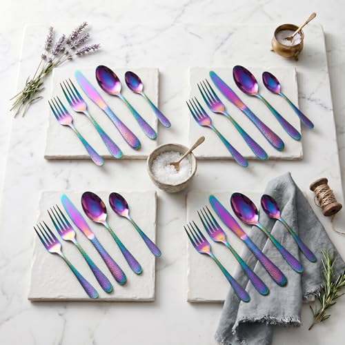 Image of Hammered Rainbow Silverware Set | 20-Piece Premium Stainless Steel Flatware Set | Dishwasher Safe Cutlery Set for Home, Restaurant & Gifting