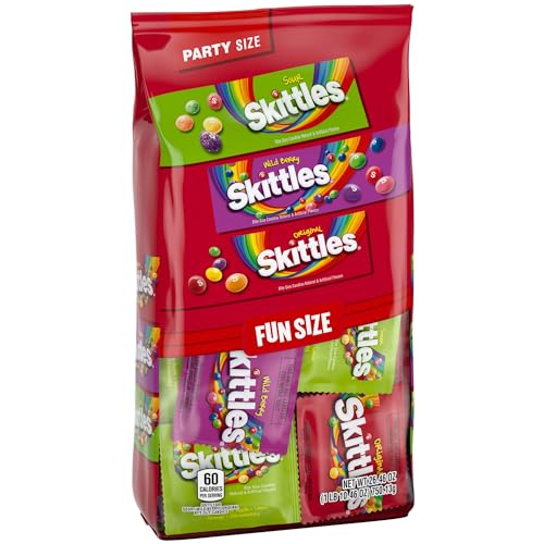 Wrigley's Skittles Fun Size Original, Wild Berry, and Sour Chewy Individually Wrapped Stocking Stuffers Christmas Candy Variety Pack, 26.46 Oz Bulk Bag