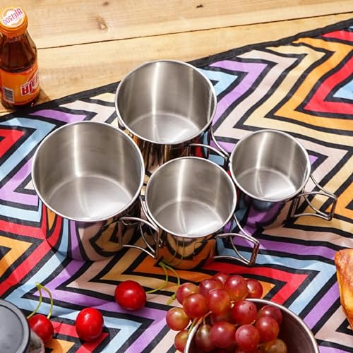 Image of Camping Cup,4pc Stainless Steel Camping Campfire Mug with Handle, Portable Cups with Folding Handle & Mesh Bag for Touring Trips Outdoor Camping Campfire (4pc)
