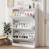 Shoe Storage Cabinet for Entryway with 3 Flip Drawers, Sturdy Wood Hidden Shoe Storage, Freestanding Narrow Slim Shoe Organizer for Front Door Entrance, Living Room, Hallway, Bedroom, White