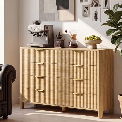 Image of Wodeer 8 Drawer Dresser for Bedroom, 47 inch Wide Wood Storage Cabinet with Fluted Design, Modern Chest of Drawers & TV Stand for Living Room, Nursery Clothing Organizer with Metal Slides, Anti-Tipping
