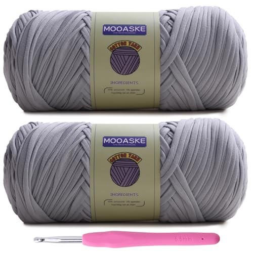 Image of Mooaske 2 Pack T-Shirt Crochet Yarn for DIY Knitting Crochet Cloth Blanket Bag Dolls - 400g Chunky Thick Yarn for Crocheting with Polyester-Spandex Blend Elastic Fabric (Gray)