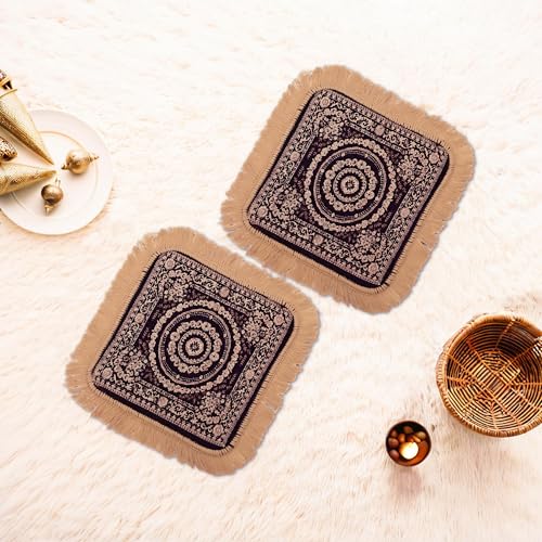 Image of Kuber Industries Pack of 2 Velvet Pooja Mat for Sitting On Floor | Comfortable Eating Aasan for Home | Decorative Sitting Mat for Meditation & Mandir | Floral - Golden & Purple