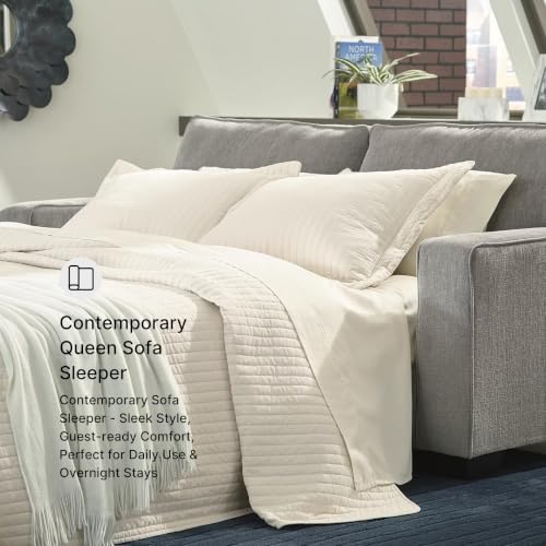 Image of Signature Design by Ashley Queen Sleeper Sofa Couch, Altari, Alloy Gray | Soft textured chenille, Supportive 4 in memory foam mattress, Space-saving pull-out design ideal for compact living