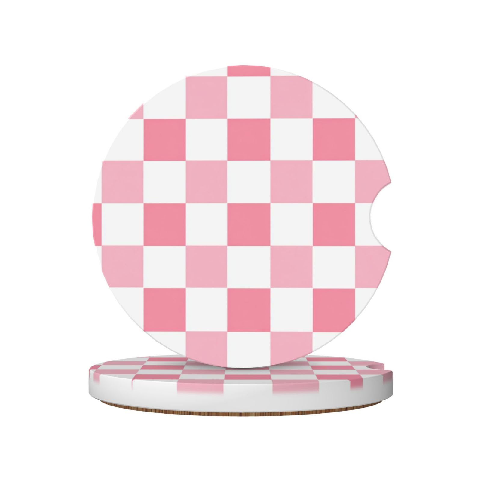Cartoon Style Pink White Checkered Ceramic Coasters,2pcs