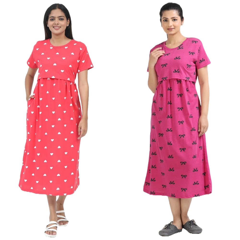 Mayaval Women’s Maternity & Nursing Dress Set – Pack of 2 Comfortable Feeding Dresses in Coral Pink and Magenta with Heart & Bow Print-picture-36