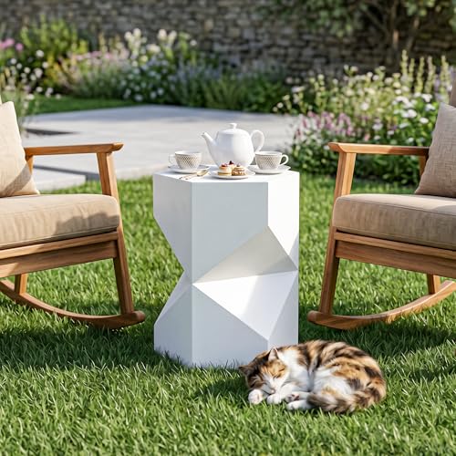 Image of COSIEST MgO Concrete Side Table, 18 Inch Hexagonal Geometric Outdoor End Accent Table, All-Weather Patio Garden Stool, Modern Plant Stand & Coffee Table for Balcony Backyard, White, 1 Pack