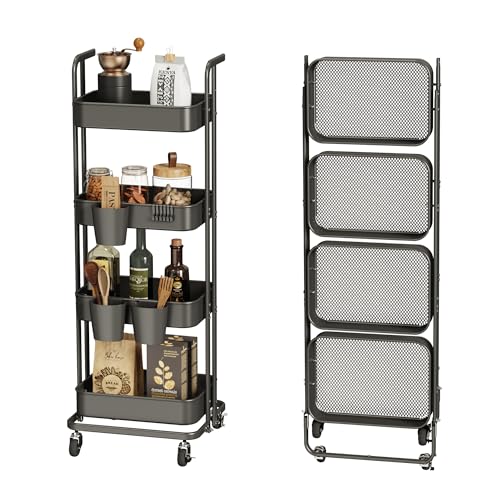 Image of DTK 4 Tier Foldable Rolling Cart, Metal Utility Cart with Lockable Wheels, Folding Storage Trolley for Living Room, Kitchen, Bathroom, Bedroom and Office, Black