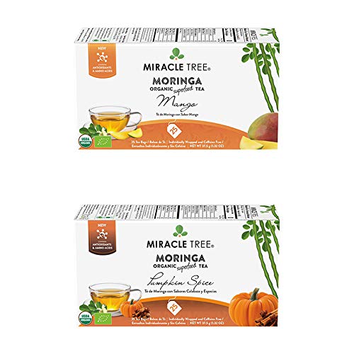 Miracle Tree – Organic Moringa Superfood Tea, 2 Pack Bundle, 2×25 Individually Sealed Tea Bags (Mango, Pumpkin Spice)