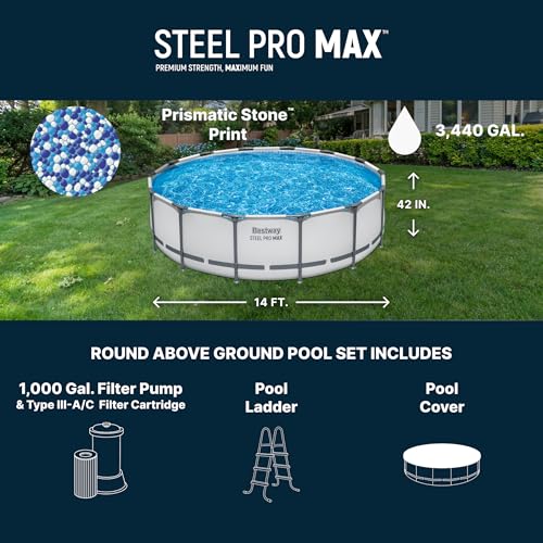 Image of Bestway Steel Pro MAX 14' x 42 inch Above Ground Swimming Pool Set with Pump | Durable Round Metal Frame Outdoor Backyard Pool, Puncture-Resistant Liner - Ladder and Cover Included, Gray