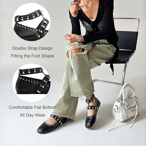 Studded Mary Jane Flats for Women Round Toe Rivet Ankle Strap Ballet Flats Shoes Casual Dressy Ballerina Shoes2