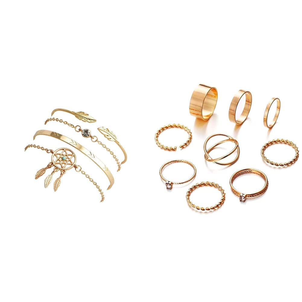 Shining Diva Fashion Set Of 4 Stylish Multilayer Crystal Bangle Charm Bracelet (Golden) & Golden Non Precious Metal Boho Midi Finger Ring For Girls -Set Of 9 (B0B9XH3CK9) Amazon Price History, Amazon Price Tracker