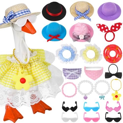QAUYETM 6 Sets Mini Desk Goose Outfits 7 Inches Mini Desk Goose Clothes with Cute Felt Hat Necklace Dresses and Sunglasses for Magnetic Porch Geese Key Holder Decor Gifts