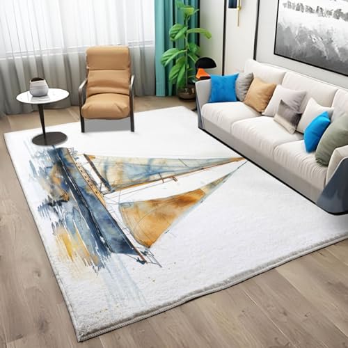 Alfombra antideslizante para sala de estar, 80 x 150 cm, fondo blanco, alfombra náutica, alfombra rectangular lavable a máquina, alfombras suaves de pelo bajo para dormitorio