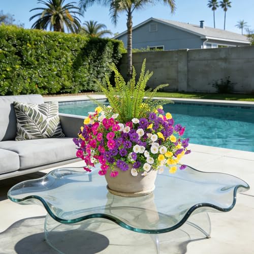 Image of Artificial Flowers Fake Plants for Outdoors Decoration, 12 Bundles Silk Morning Glory with Boston Fern Realistic UV Resistant Faux Flowers for Outside Planter Yard Patio Garden Home Indoor Urn