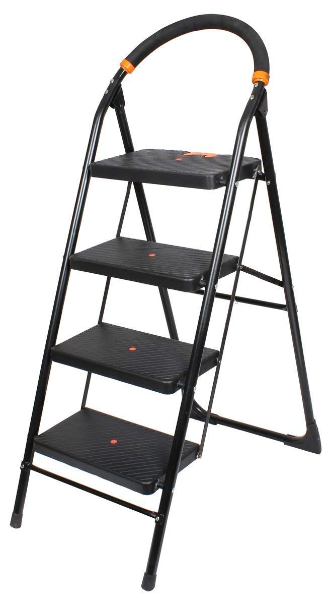 ORRIL OBBO 4 Step Ladder, Foldable Ladder with Wide Steps, Steel Ladder for Home & Office Use, Durable, Wide, Lightweight & Easy to Carry Stairs for Home, Black, Made in India