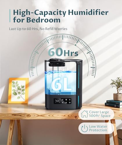 Image of Humidifiers for Bedroom & Large Room, 6L Top Fill Cool Mist Humidifier for Home, Quiet Humidifiers with Essential Oils Diffuser, 3 Mist Levels adjustable with Humidistat, Dual 360Rotation Nozzles, Easy Clean, Multi Timers, 7-Color LED, for Baby Kids, Office, Bedroom, Plant, Nursery