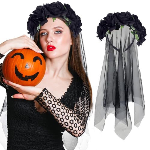 FainFun Velo Halloween Diadema Flores negro, Diadema de Halloween, Tocado Gótico, Diadema Día de Muertos, Diadema Flores Mexicana Mujer Para Fiestas de Halloween, Fiestas de Disfraces