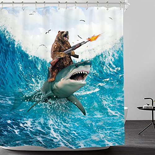 Image of Funny Bear Riding Shark Shower Curtain Humor Surfing 60Wx72H Inch Decor | Cool Animal Beach Blue Waves Ocean Birds Clouds Boys Men Art Waterproof Polyester Fabric Bathroom 12 Hooks