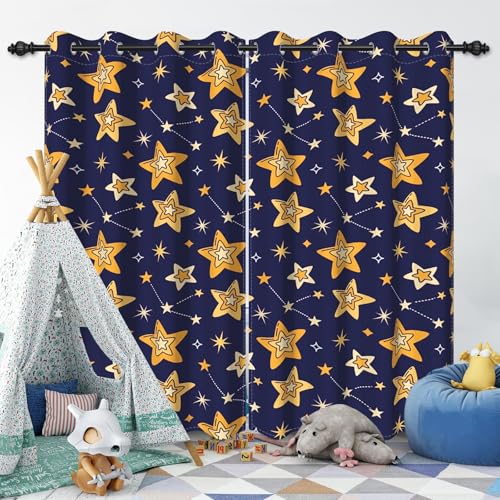 Ruelvth Star Blackout Curtains, Cute Little Star Children Bedroom Curtains Blue and Yellow Window Curtains with Grommets for Boys and Girls, 42x84 Inch, 2 Panels