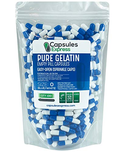 Capsules Express- Size 0 Blue and White Empty Gelatin Capsules - Easy Open Sprinkle Caps - Kosher Certified - Pure Gelatin Pill Capsule - DIY Powder Filling (100)