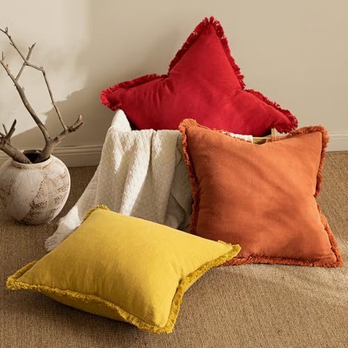 Miuleebohofarmhousepillowcoversdecorativeneutrallinenthrowpillowcoverssetof2redcushioncoverswithfringeforcouchsofabedlivingroomhomedecor18x18inch  Urban Country Home Decor Miulee boho farmhouse pillow covers decorative neutral linen throw pillow covers set of 2 red cushion covers with fringe for couch sofa bed living room home decor 18×18 inch  urban country home decor