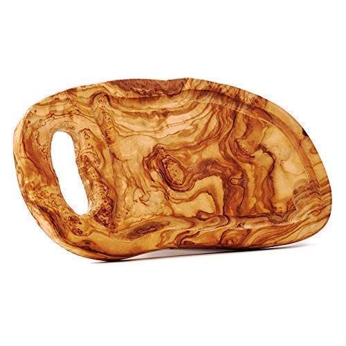 das OlivenholzbrettChopping Board, Serving Board with Handle and Juice Groove, Natural Shape, 30 cm