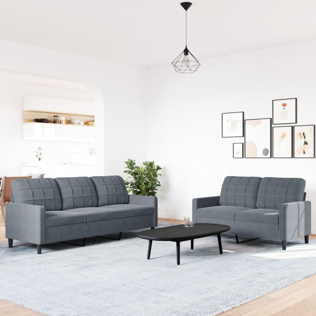 Willood 3 Sitzer + 2 Sitzer Sofa Sofagarnitur mit Kissen Dunkelgrau Samt