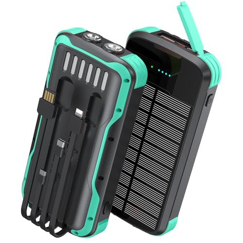 Solar Charger Power Bank, PD 20W Fast Charging External Batter, 40000mAh Portable Phone Charger Built in 4 Cables with Dual Bright Flashlights for Camping, Hiking, and Outdoor Use（Green）
