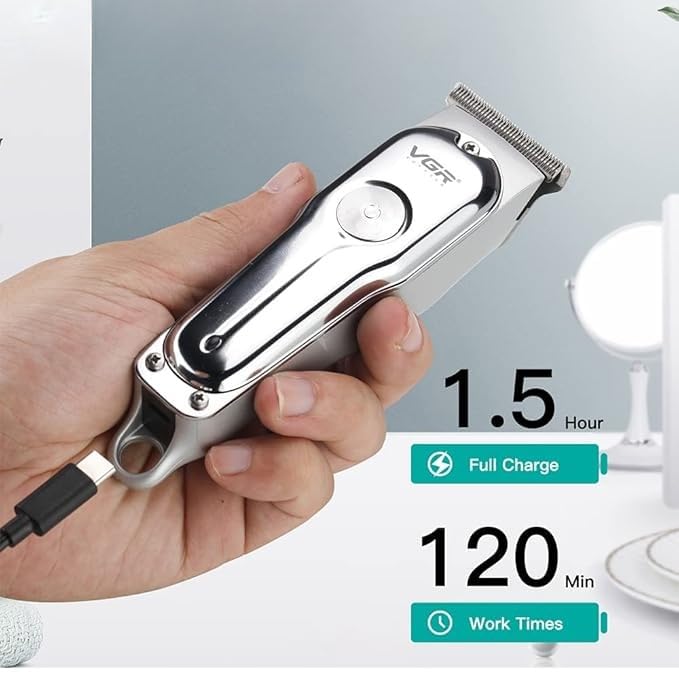 Image of VGR V-071 Cordless Professional Hair Clipper | Hair Trimmer | Runtime: 120 Min | Trimmer for Men with 3 Guide Combs (Silver) | Battery Powered