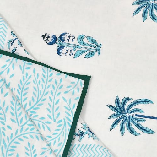 Image of BLOCKS OF INDIA Hand Block Printed Cotton Single Size Reversible Malmal Dohar for Summer (Turq Tree Lily)