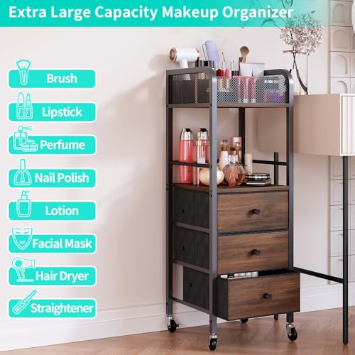 HapiRm Kosmetik Rollwagen Schminktisch Organizer - Boden-Hautpflege Rollwagen Kosmetikstudio mit 3 Schubladen, Kosmetikwagen mit Rollen Kosmetikvitrinen, Halter für Hautpflege, Parfüm, Nagellackbürste