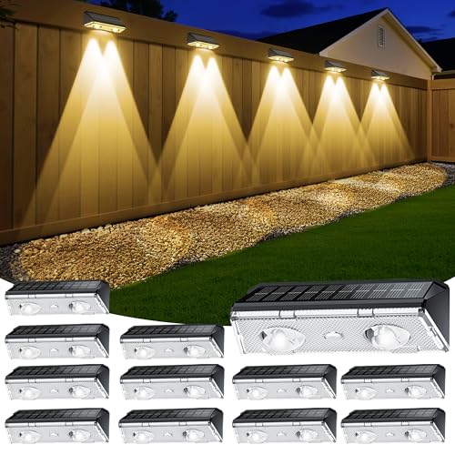 Solar Fence Lights Outdoor, 12 Pack IP65 Waterproof Fence Lights Solar Powered with Ultra-Bright LED Lens, 9 Color Modes - Detailed View