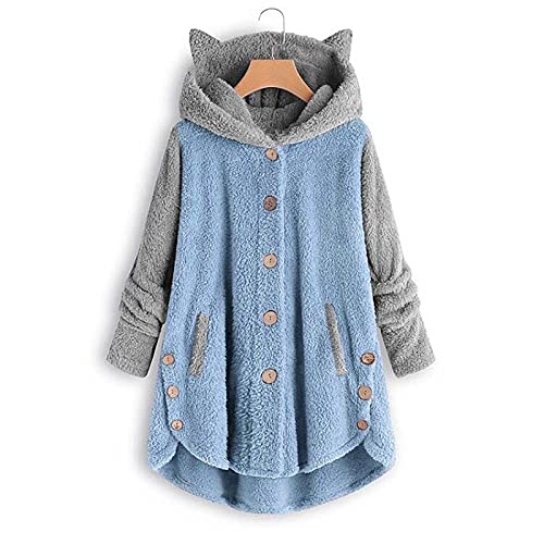 Women's Cute Plus-Size Fleece Jacket Button-up Cardigan Pullover Sweater Solid Color Fashionable Warm Cat Ear Hoodie3