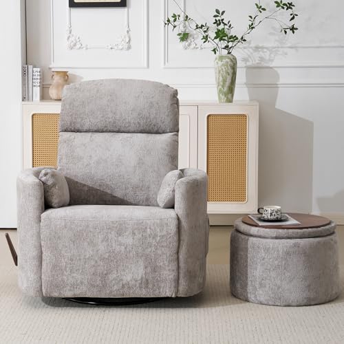Image of Oversized Swivel Rocker Recliner Chair with Massage and Heat, Manual Swivel Glider Rocker Recliner with 2 Bolster Pillows, Rocking Nursery Chair with Storage Ottoman , Adjustable Headrest, Light Grey