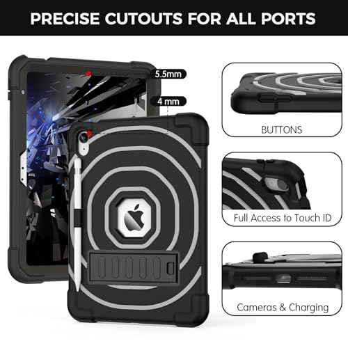 SIBEITU Case for iPad (A16) 11th 11-inch 2025/ 10th Generation 10.9-inch 2022 with Pencil Holder & Stand, Shockproof Heavy Duty Military Grade Protective Cover for iPad 11th/ 10th Gen (Black +Grey)