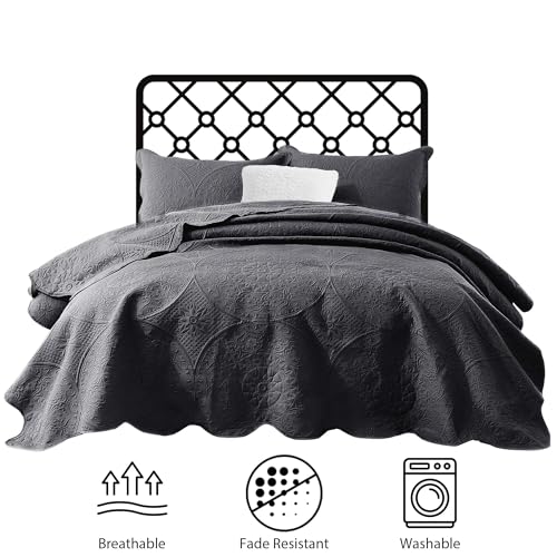 IR Imperial Rooms Queen Quilt Bedding Set Size (90" x 96") + 2 Pillow Shams (20" x 26"+ 2") - 3 Pcs All Season Lightweight Reversible Microfiber Coverlet Floral Embossed Quilt Bedspread (Charcoal)