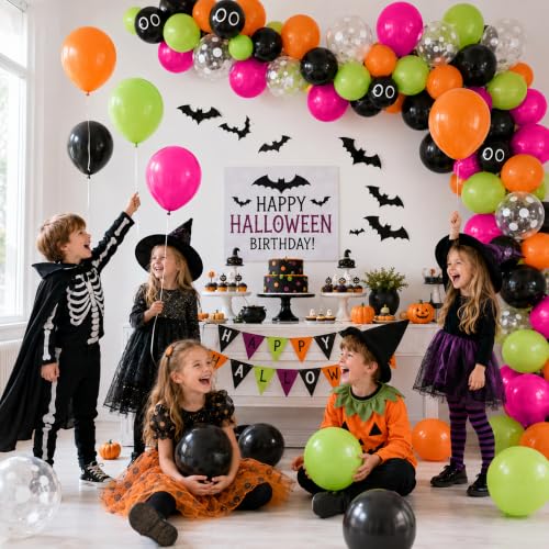 Image of Neon Halloween Balloons Bright Pink Green Orange Cute Halloween Party Decor | Hot Pink Lime Green Black 3D Bat Sticker Eyeball Bat Print Balloon for Kids Spooky Night Trick or Treat Backdrop Decorations