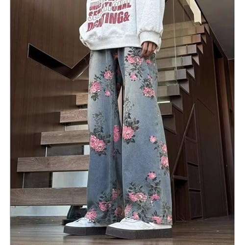 Baggy Jeans Men Vintage Y2k Floral Jeans Loose Fit Flower Print Oversize Streetwear Wide Leg Denim Pants4
