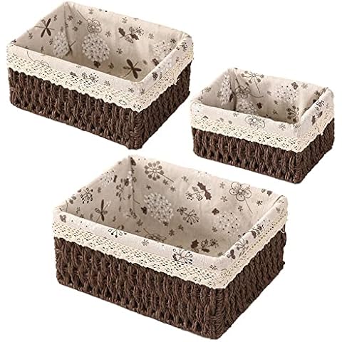 YSGLIFE 3 Pcs Paper Rope Storage Basket with Lining Rectangular Bin Hamper for Drawer Cupboards Closet Shelf Dresser Organizing Boxes for Socks Scarves Handkerchiefs Coffee Cover