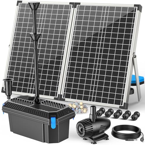 Antfraer 70W Solar Pond Filter with Water Pump Solar Fountain Pump with Pond Filter Adjustable Flow Pond Filter Box with Filter Medias for Outdoor Ponds Fish Tank Waterfall Water Features