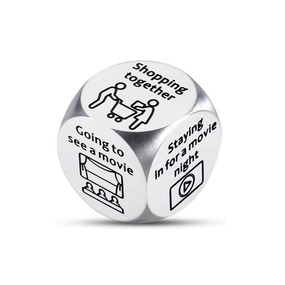 1-Pack Decision Dice .Activity and Food Dice, 0.63 Inch, Aluminium, Silver, for Video Gaming, Outdoor Activities, Cooking, Reading, Traveling, Pets, Pizza, Burger, Chicken, Shopping, Movie Night (4)