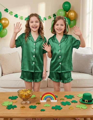 Image of Arshiner Girls Pajamas Silk Satin Pajama Set Button Pjs Ruffle Sleepwear | 2 Piece Nightwear, Silky Soft Lounge for Little & Big Kids, Ideal for Sleeping and Sleepover Party