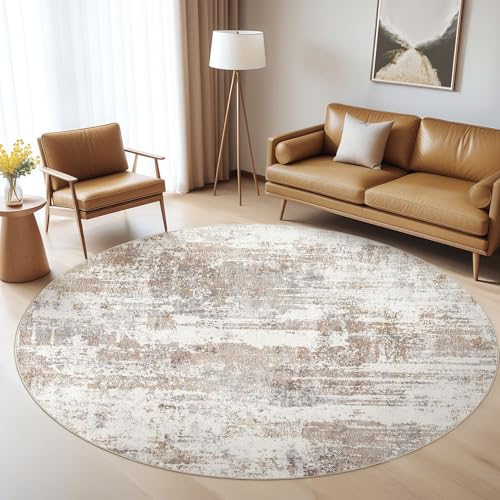 Round Rug Living Room Rugs: 6Ft Washable Circle Large Abstract Modern Soft Stain Resistant Non Slip Indoor Floor Carpet for Bedroom Nursery Office Dining Room Dorm Home House Decor- Brown