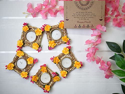 STORE INDYA Set of 5 Fancy Pooja Diyas with tealight Holder Decorated with Roses | Home Decorations and Gift Items